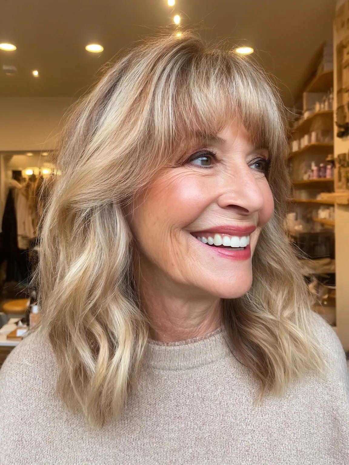 Shoulder-Length Sandy Blonde Waves with Blunt Bangs