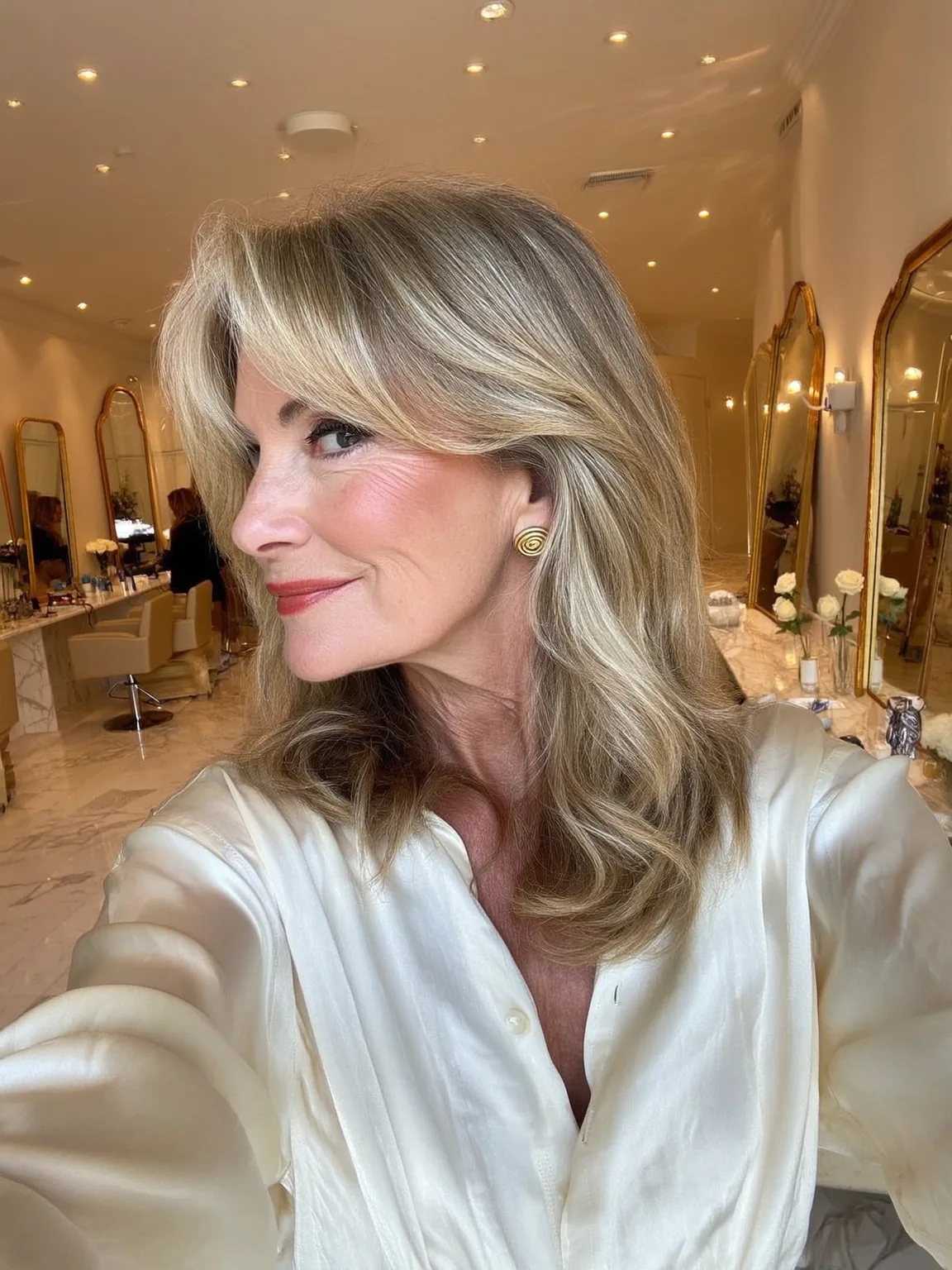 Wavy Ash Blonde Layers with Curtain Bangs