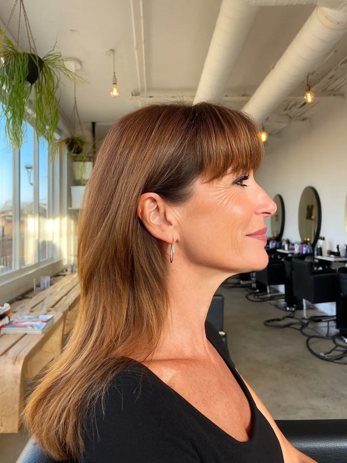 Warm Caramel Brown Medium Layers with Blunt Bangs