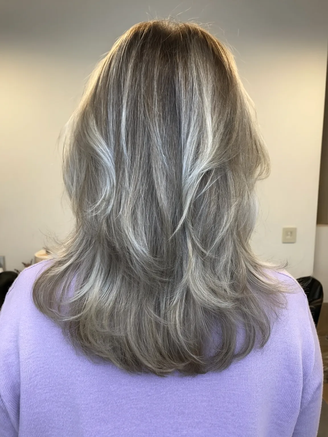 Medium Silver Frost Wavy Layers Without Bangs