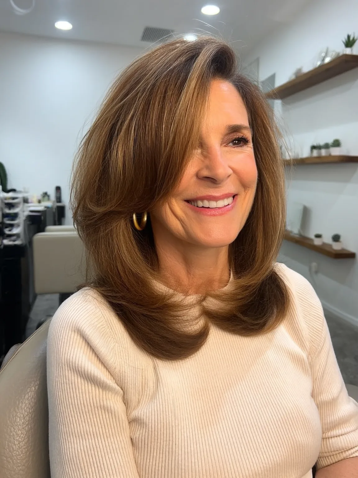 Voluminous Shoulder-Length Straight Layers in Warm Caramel Brown