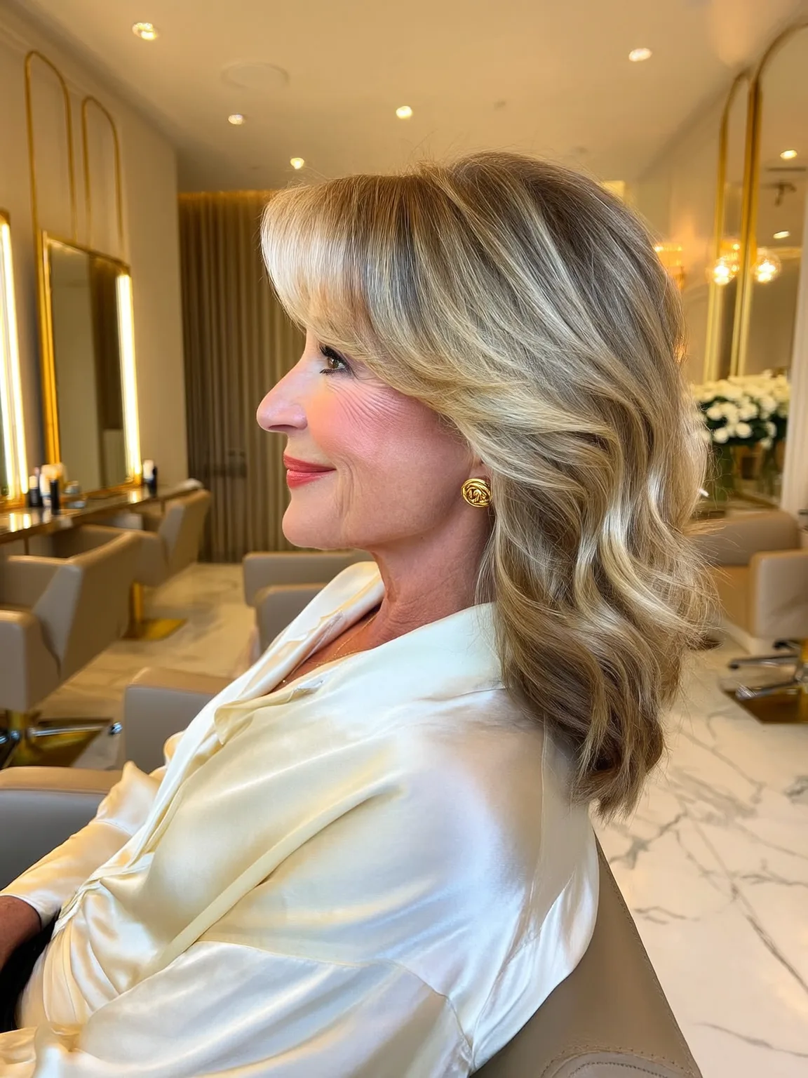 Shoulder-Length Soft Sandy Blonde Layers with Side Bangs