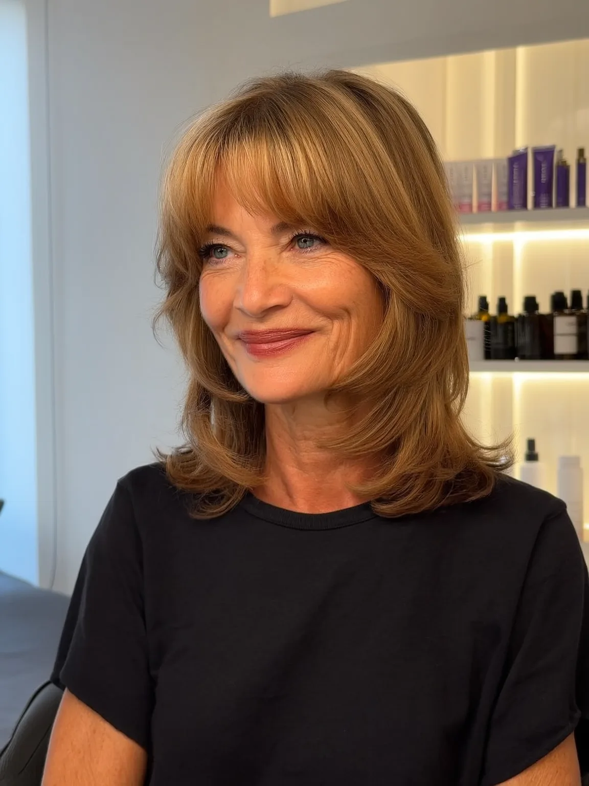 Shoulder-Length Warm Caramel Brown Wavy Layers with Curtain Bangs