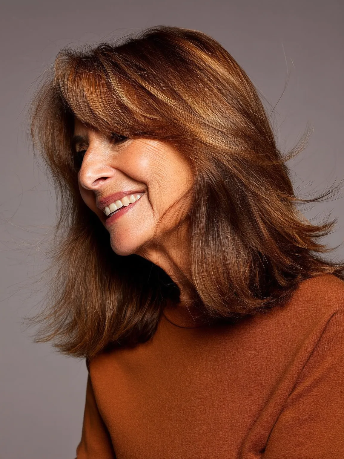 Shoulder-Length Chestnut Brown Layers with Caramel Highlights and Side Bangs