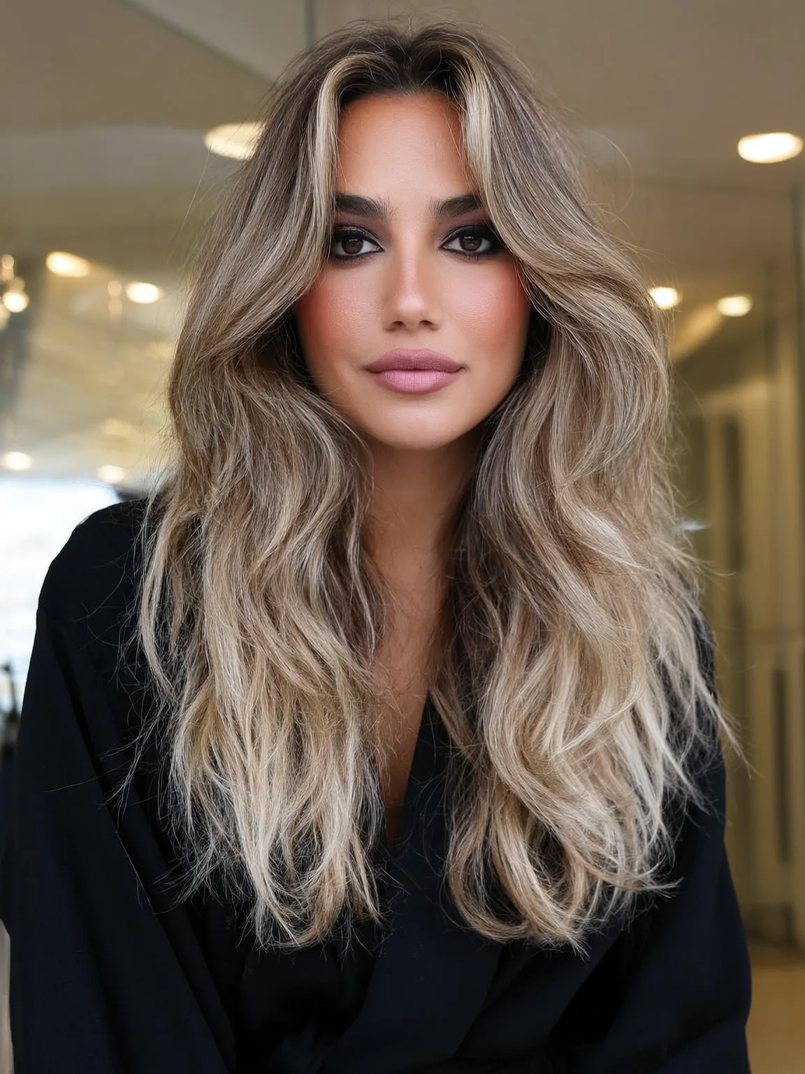 Long Flowing Waves with Ash Blonde Balayage