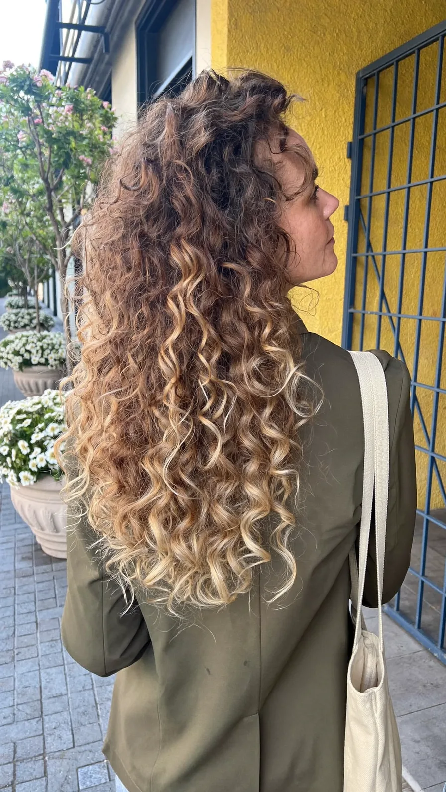 Long Layered Curly Hair with Honey Blonde Balayage Highlights
