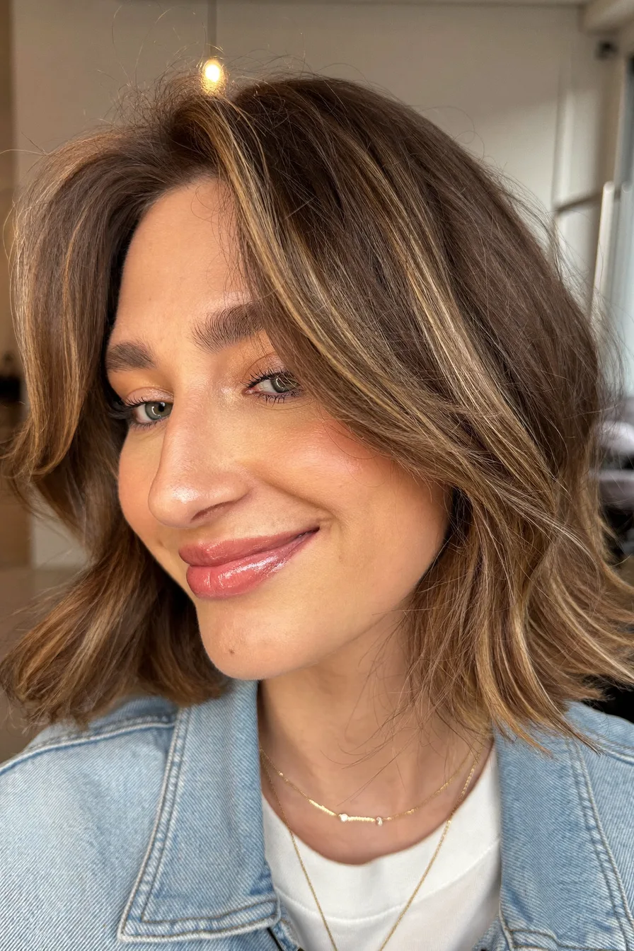 Chic Layered Chin-Length Bob with Caramel Balayage Highlights