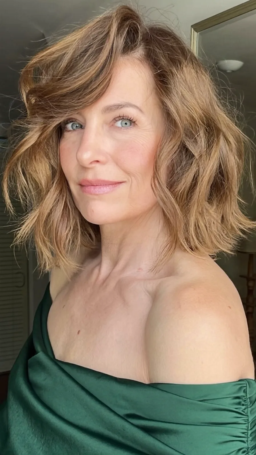 Textured Wavy Lob with Side-Swept Bangs for Medium Density Hair