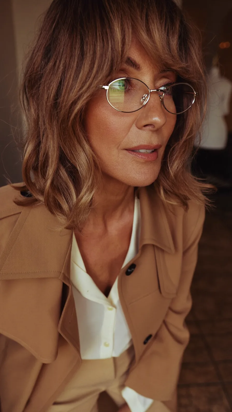 Soft Layered Lob with Balayage Curtain Bangs for Mature Women