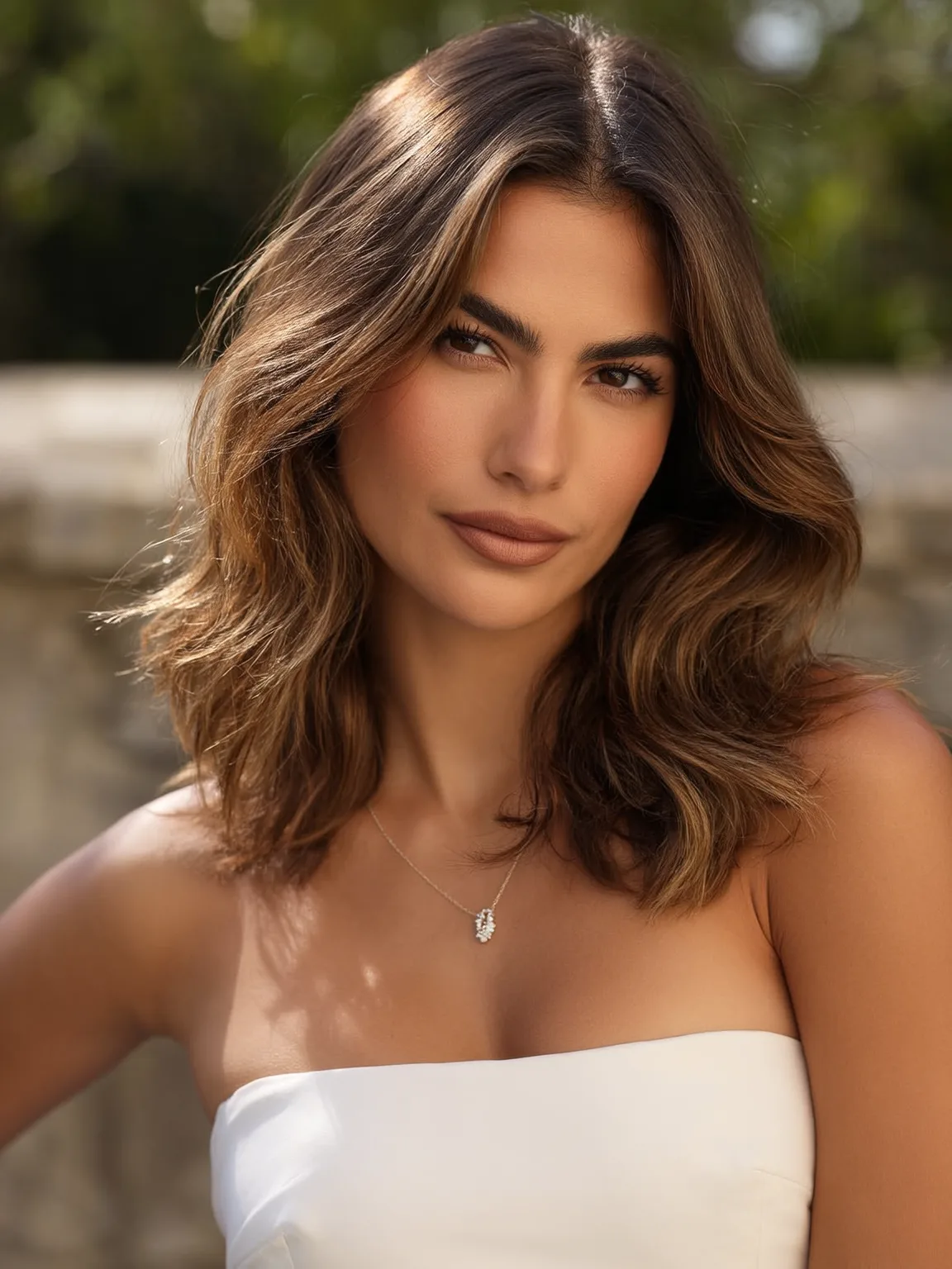Warm Caramel Brown Wavy Lob Without Bangs