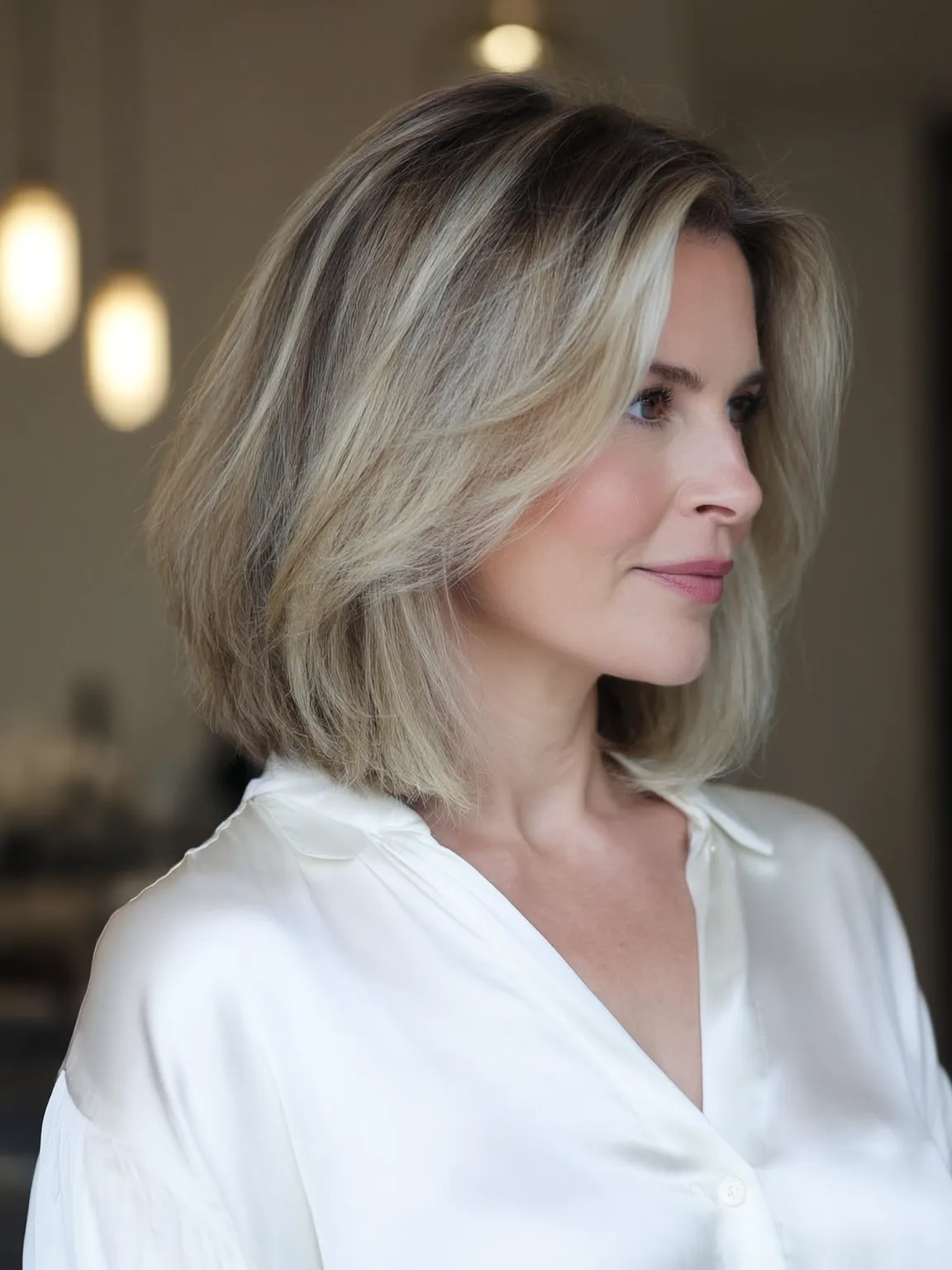 Sleek Ash Blonde Straight Lob Without Bangs