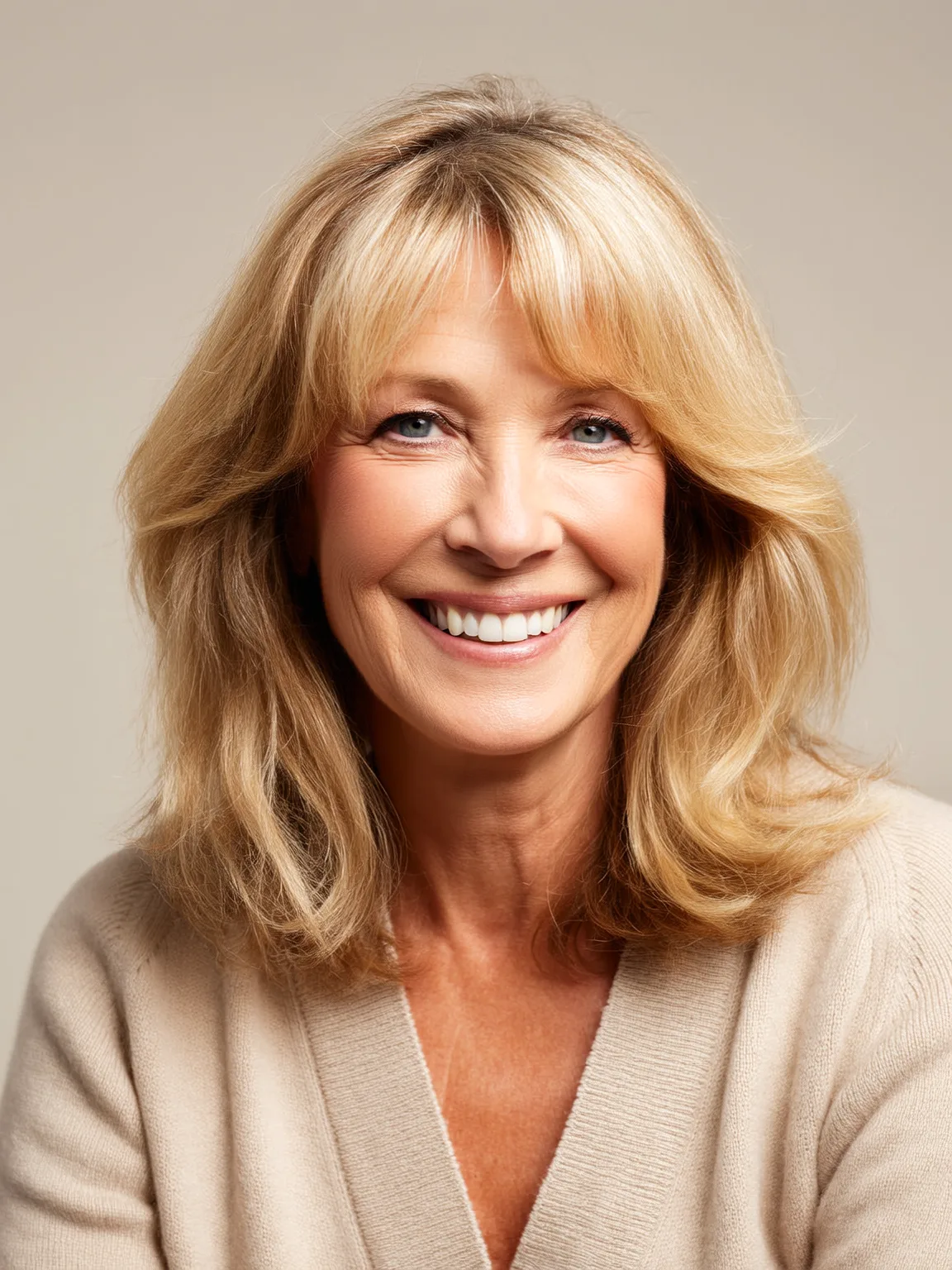 Soft Sandy Blonde Wavy Lob with Curtain Bangs