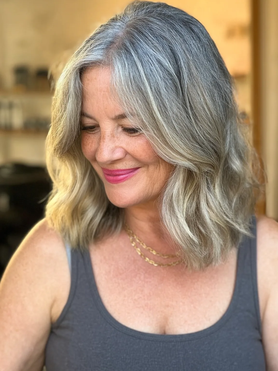 Versatile Silver Gray Wavy Lob with Natural Highlights