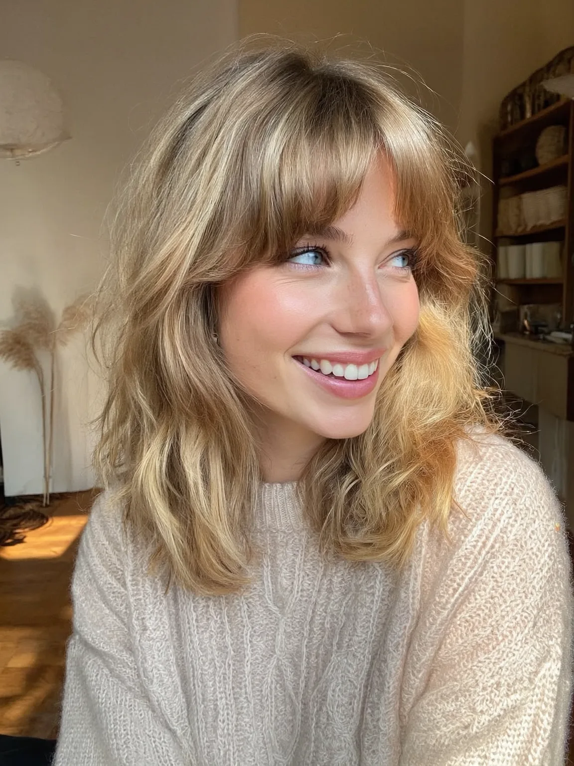 Wavy Sandy Blonde Lob with Air-Dry Curtain Bangs