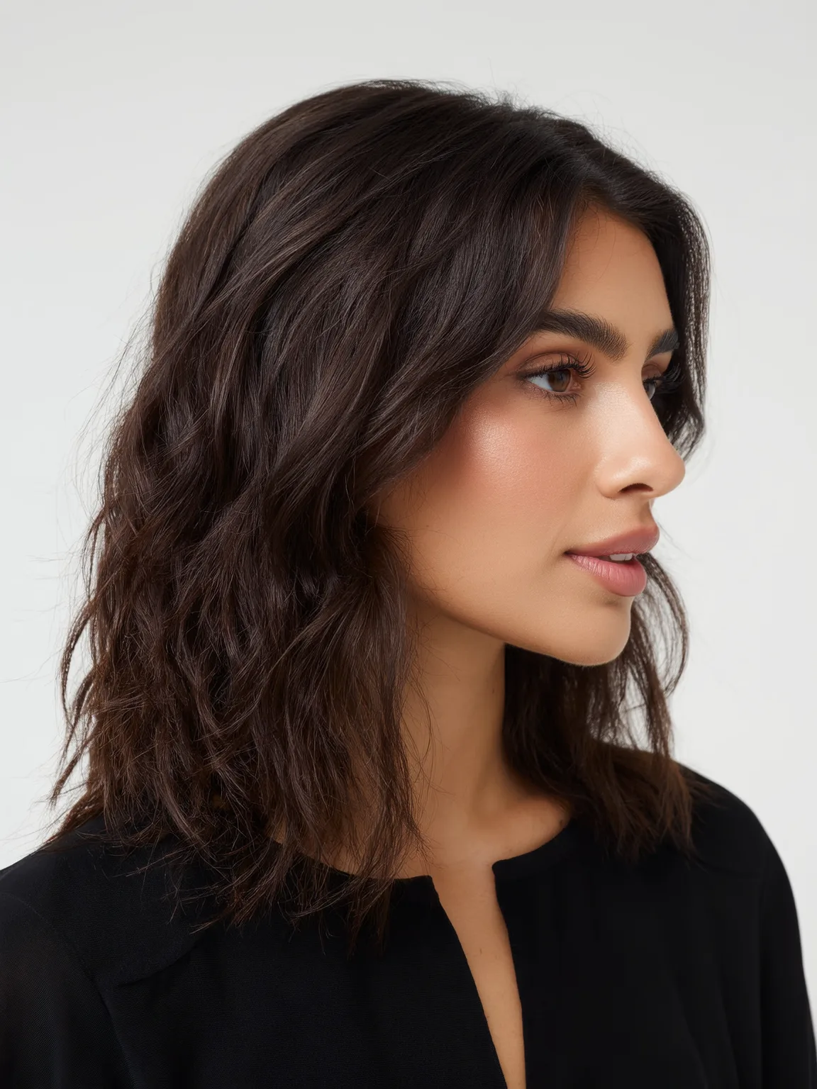 Rich Chocolate Brown Wavy Lob without Bangs