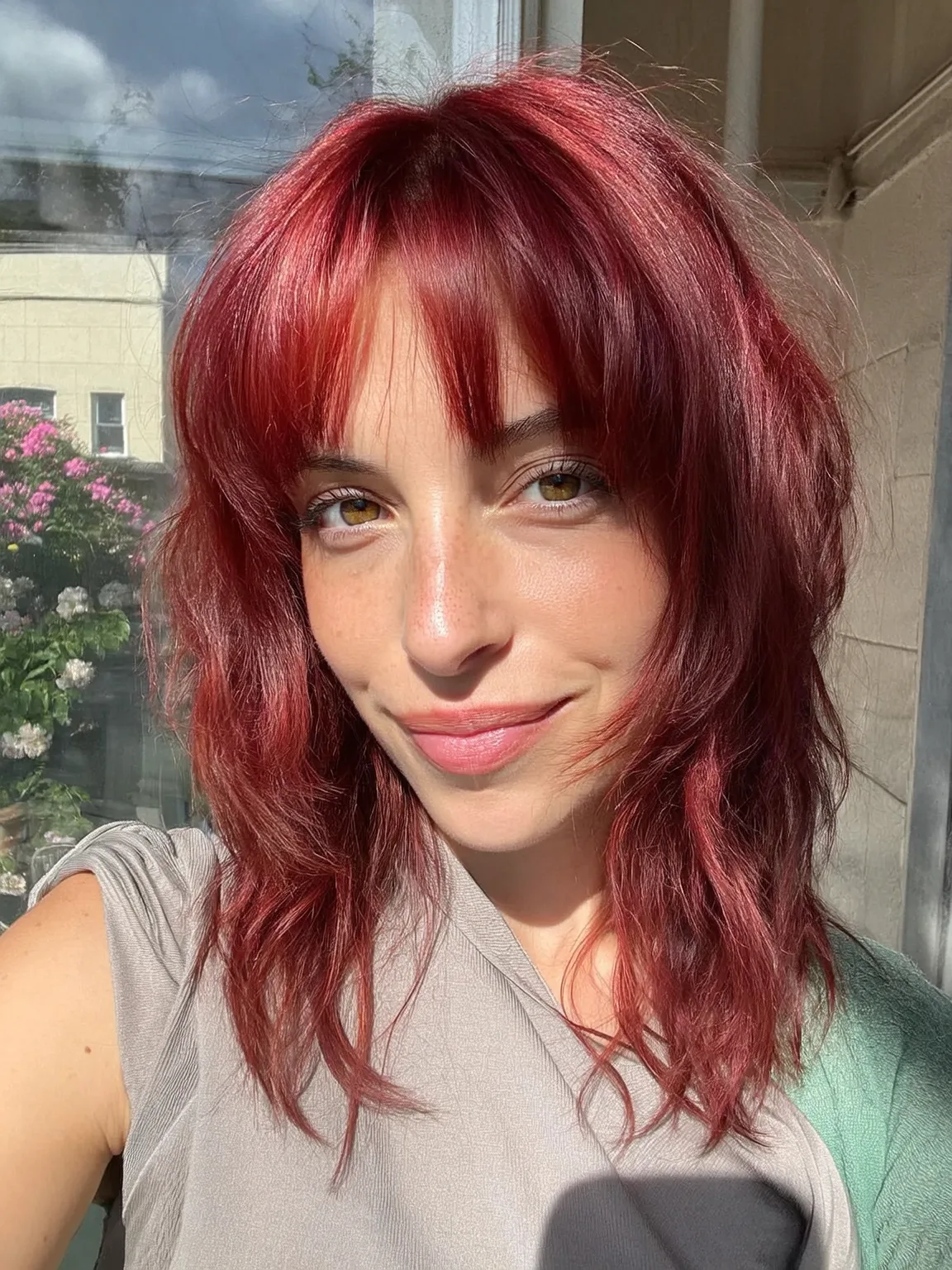 Rich Red Wavy Shag with Wispy Bangs