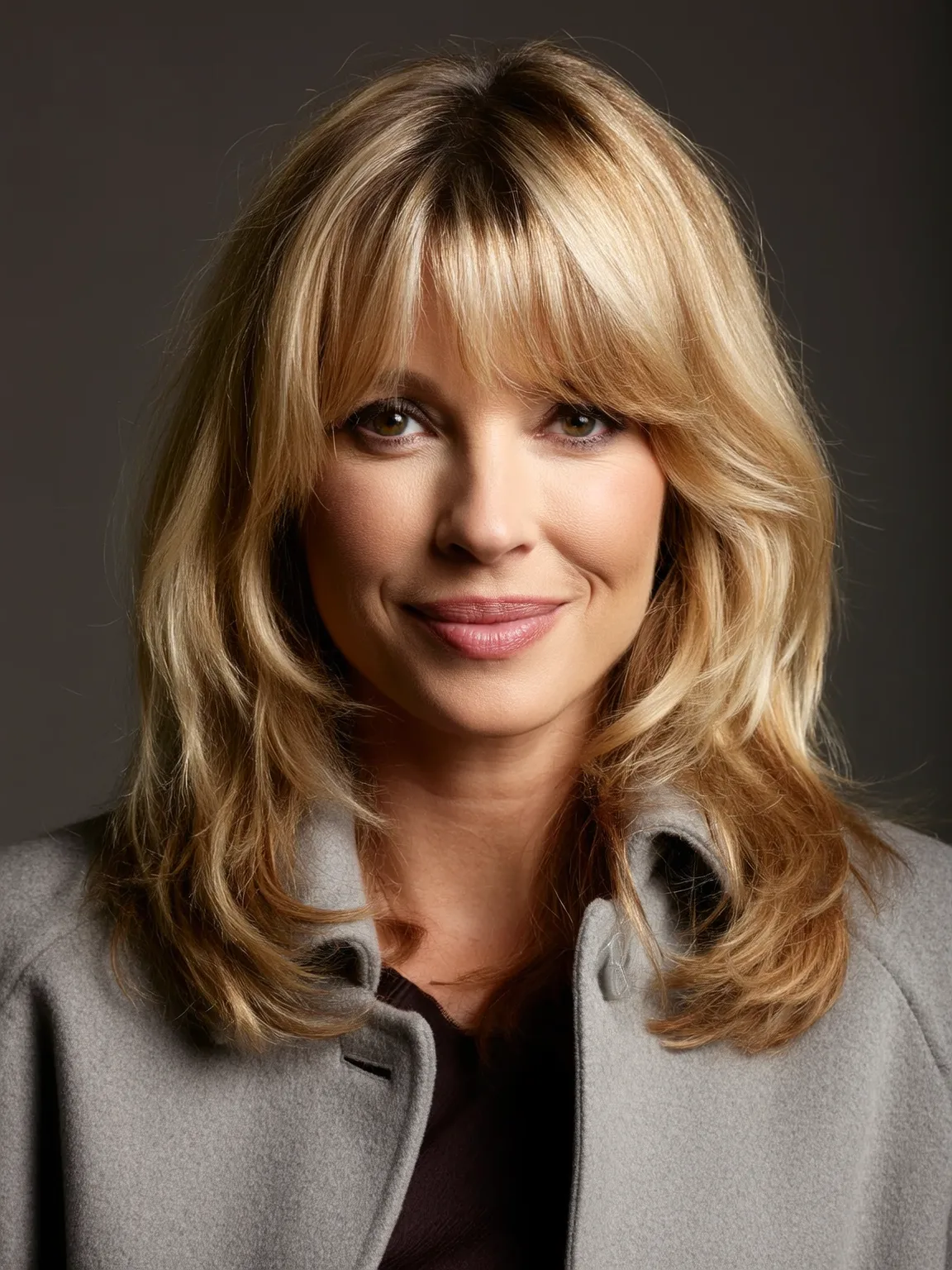 Warm Honey Blonde Layered Waves with Wispy Bangs