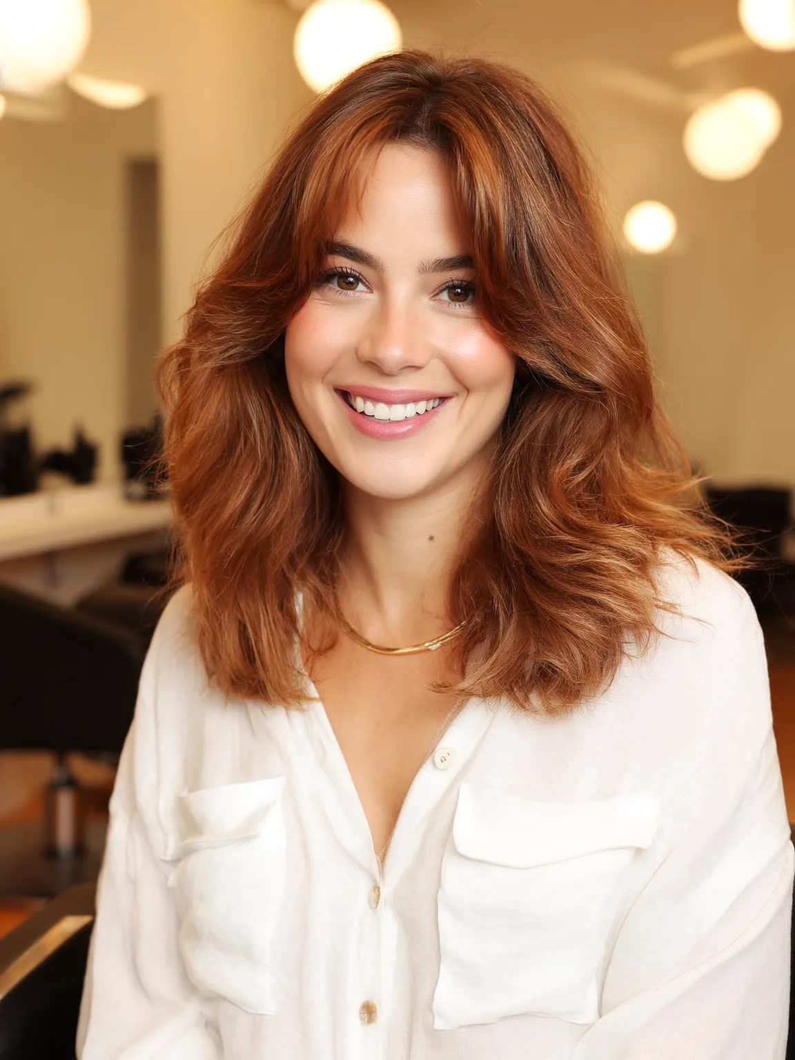 Warm Copper Brown Wavy Lob with Curtain Bangs