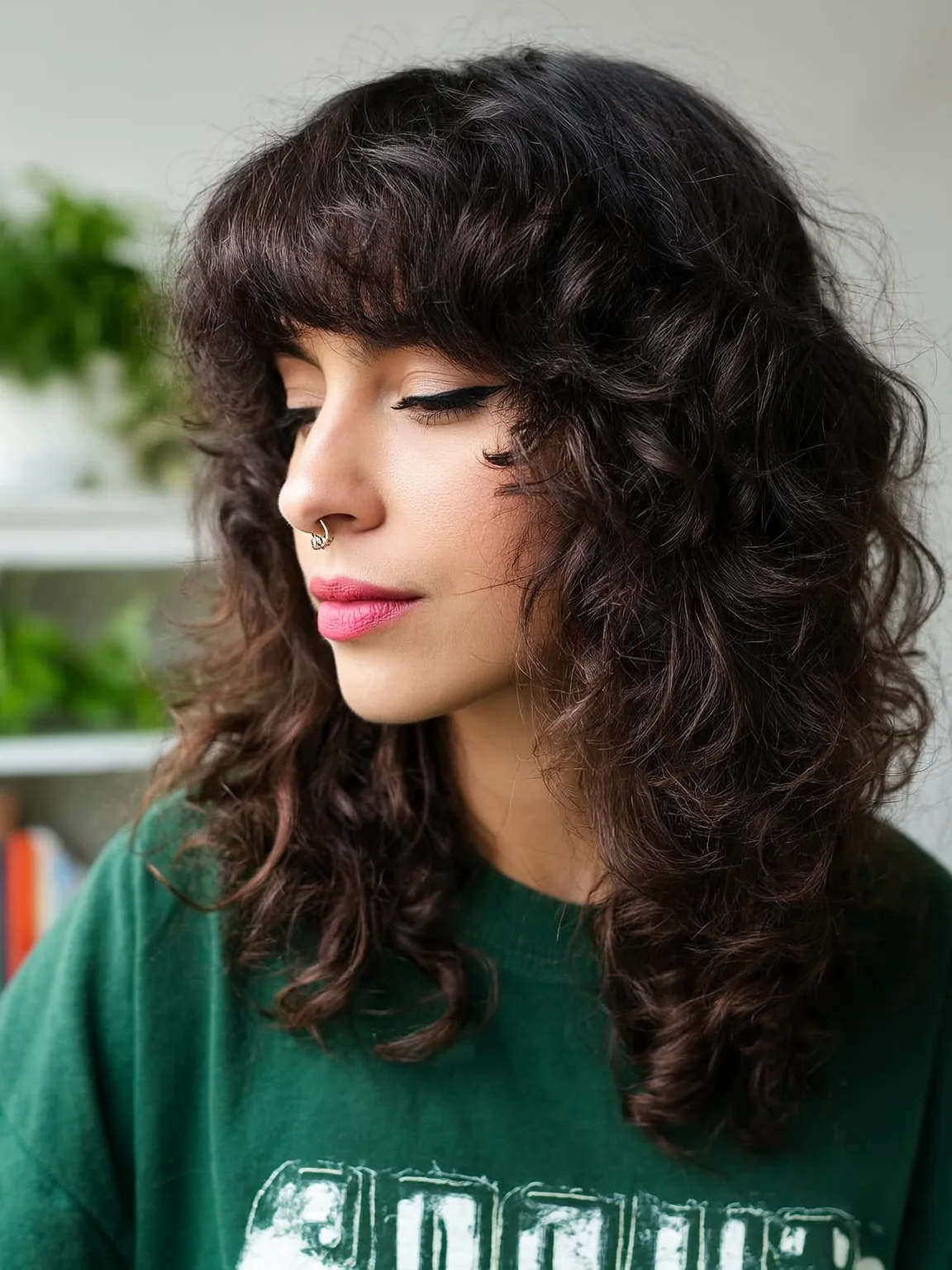 Voluminous Curly Shag with Blunt Bangs in Rich Chocolate Brown