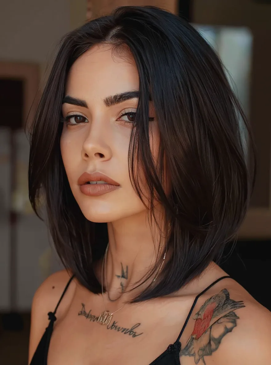 Glossy Shoulder-Length Bob with Rich Espresso Brown