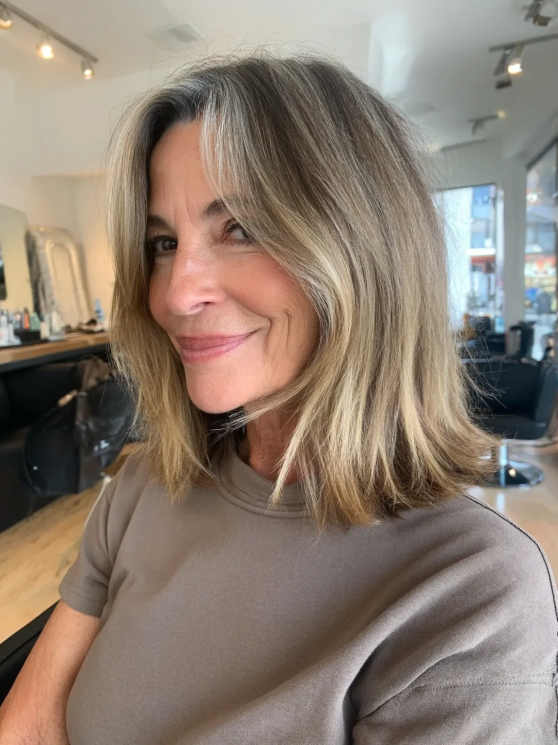 Sandy Blonde Straight Lob with Curtain Bangs