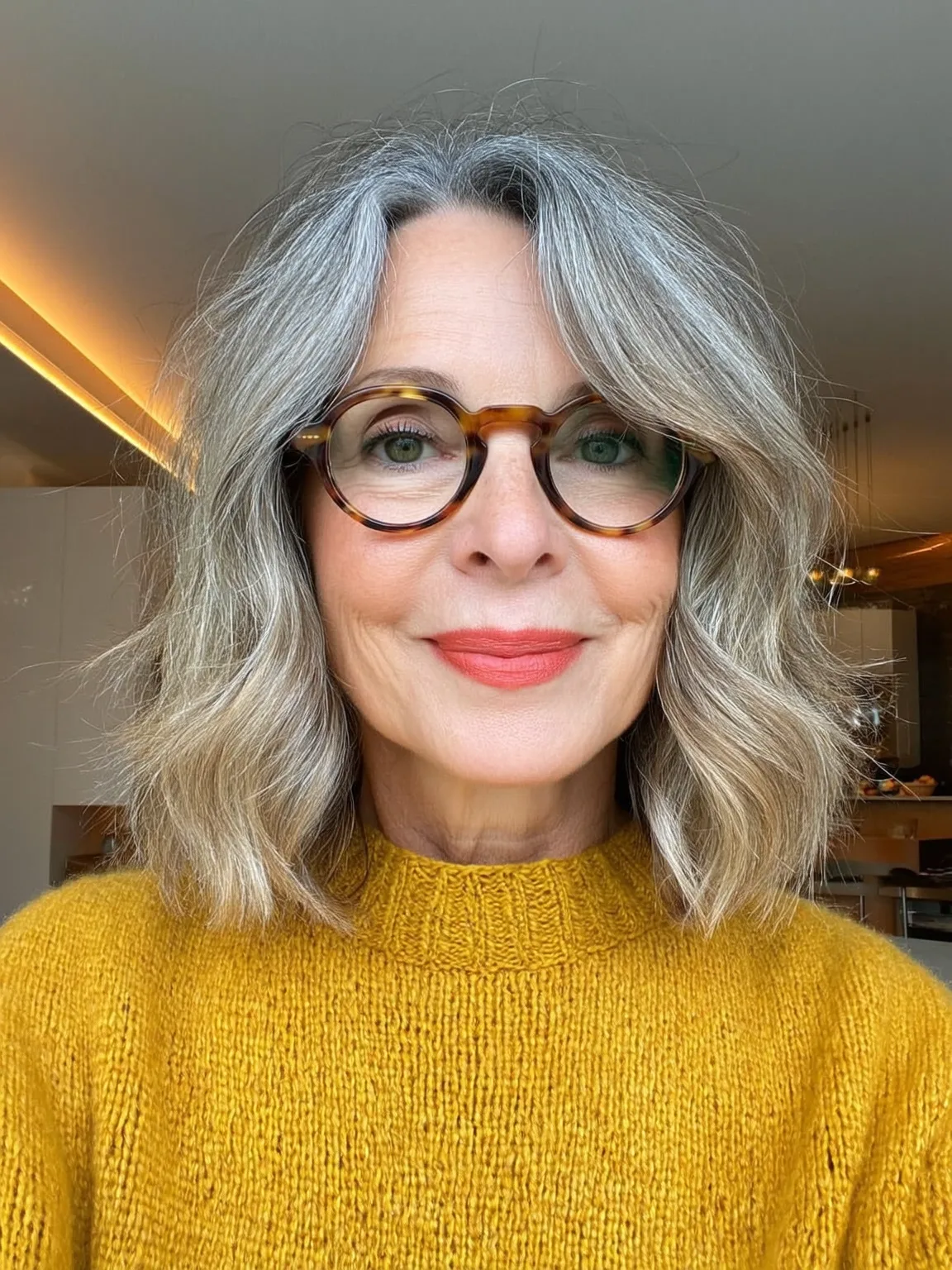 Silver and Soft Grey Blended Wavy Shoulder-Length Lob