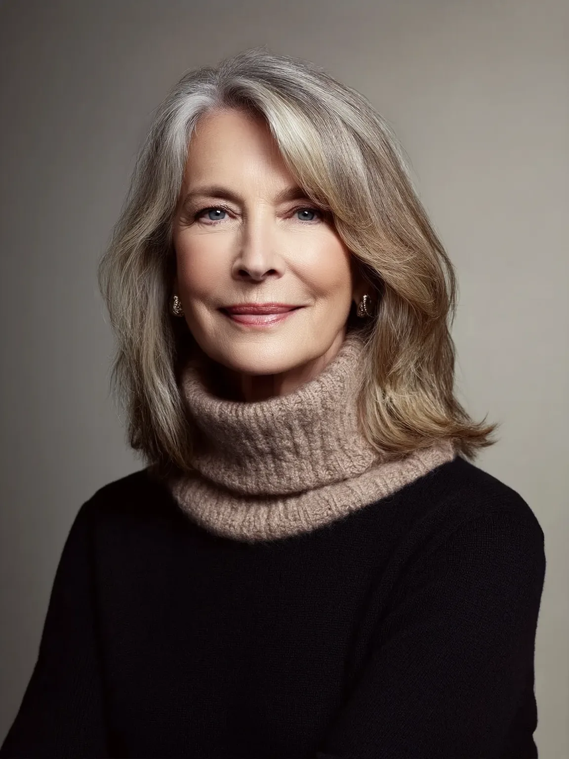 Soft Grey-Toned Silver Frost Lob with Side-Swept Bangs
