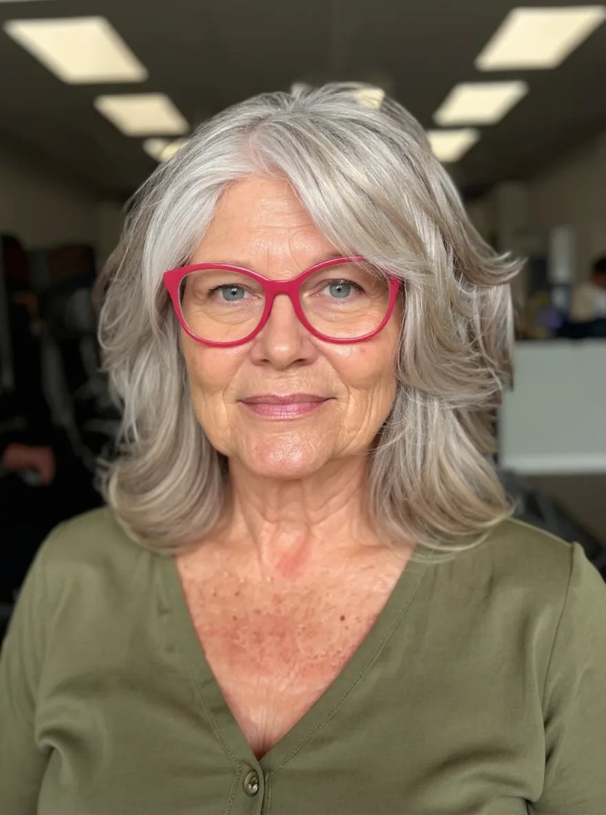 Blow-Dried Silver Frost Wavy Lob with Side-Swept Bangs on Square Face