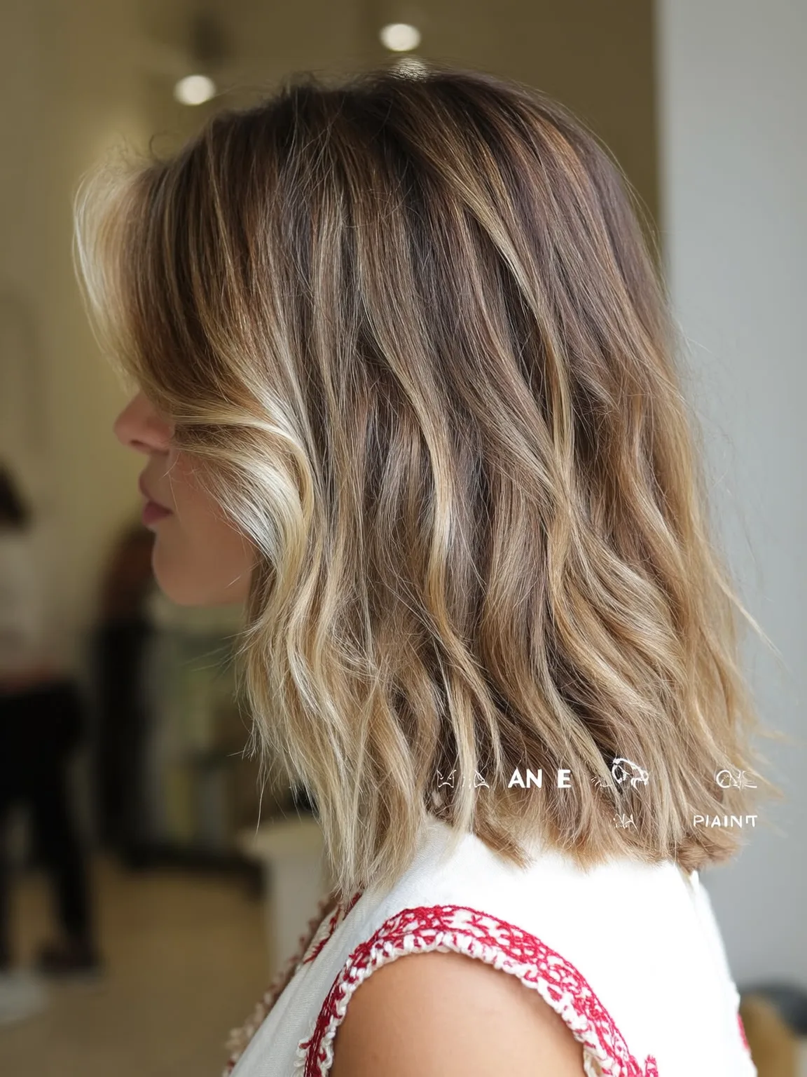 Wavy Sandy Blonde Lob with Side-Swept Bangs