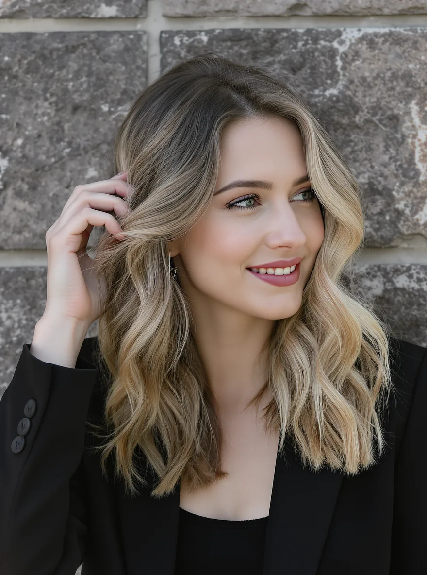 Voluminous Sandy Blonde Balayage Lob with Waves