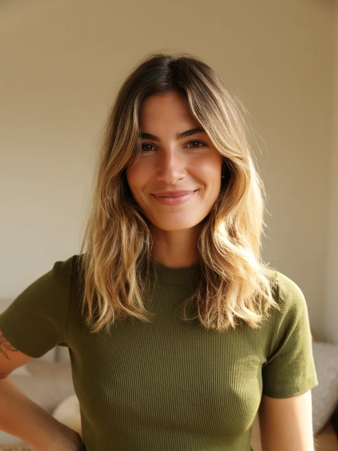Honey Blonde Balayage Wavy Lob with Flattering Curtain Bangs