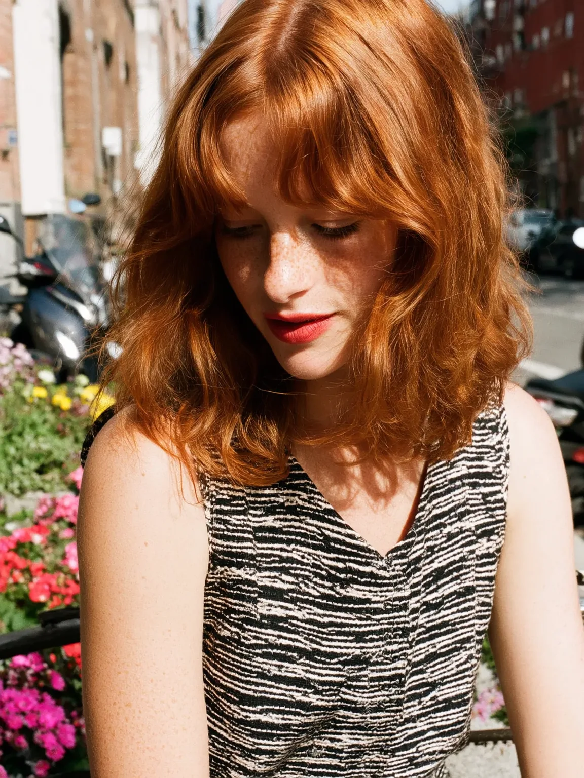 Copper Ginger Wavy Lob with Curtain Bangs