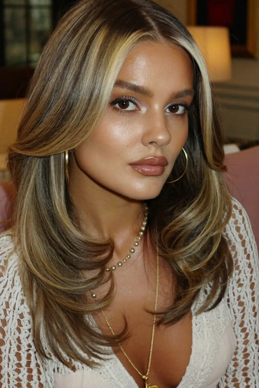 Voluminous Feathered Long Layers with Center-Part Highlights