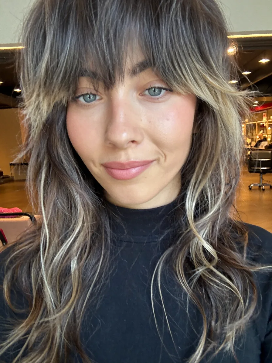 Modern Ash Brown Shag with Curtain Bangs and Balayage Highlights