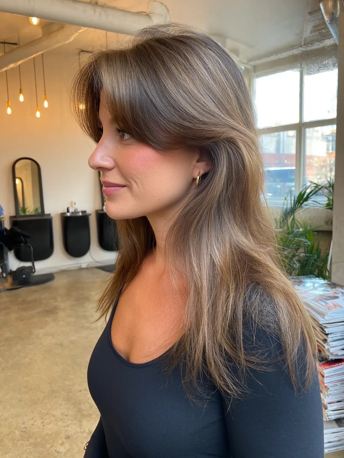 Long Soft Ash Brown Wavy Layers with Long Bangs