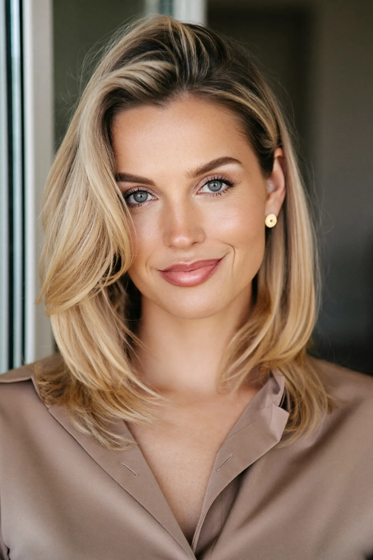 Sleek Straight Caramel Bronde Balayage Collarbone-Length Lob