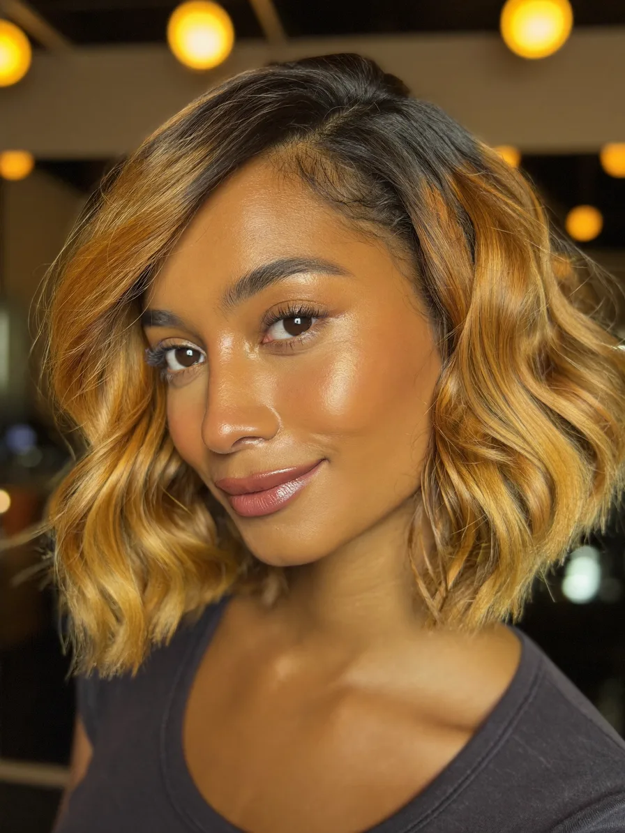 Chic Honey Blonde Wavy Lob with Side-Swept Layers