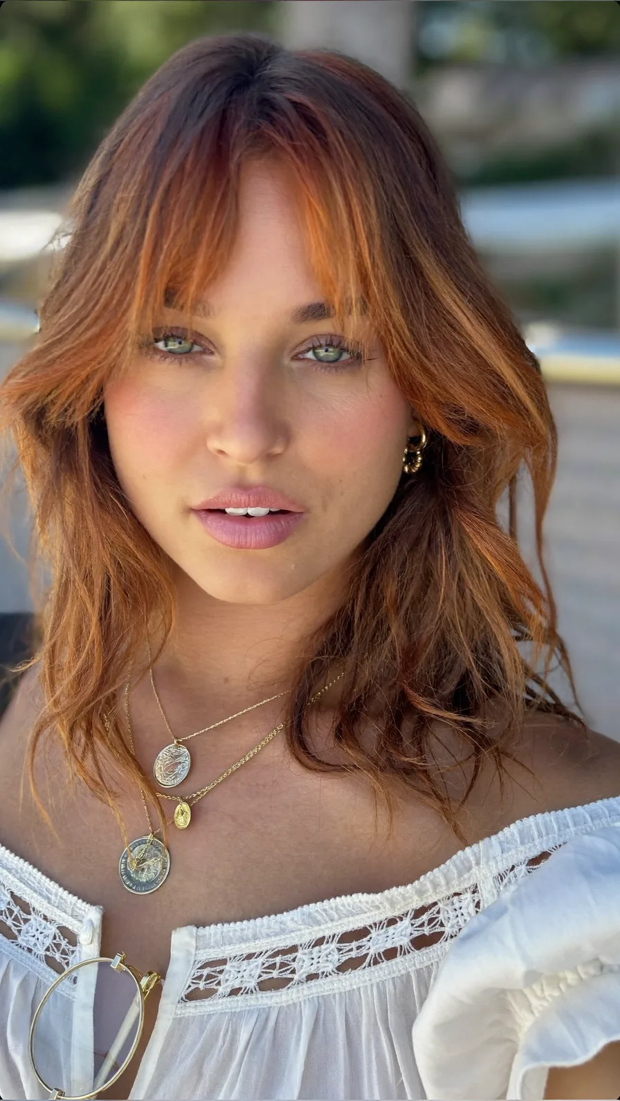 Textured Copper Layered Lob with Face-Framing Curtain Bangs