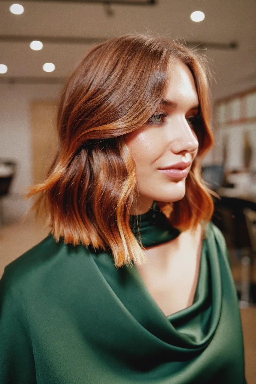 Soft Wavy Lob with Warm Copper Brown Balayage Highlights
