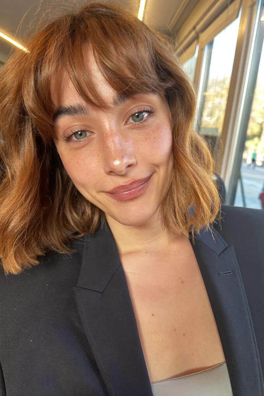 Chin-Length Warm Chestnut Brown Lob with Curtain Bangs