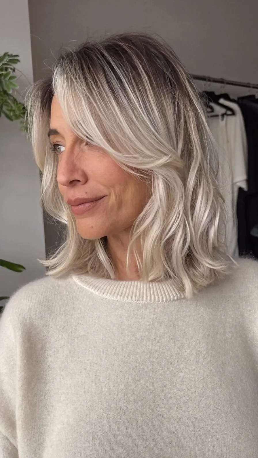Modern Layered Ash Blonde Lob with Soft Curtain Bangs