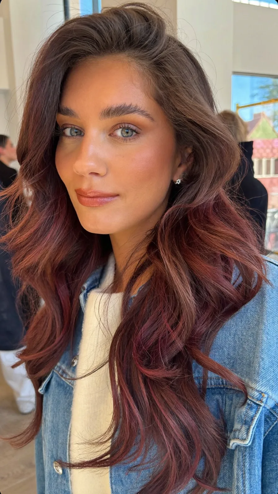 Voluminous Long Layered Wavy Hair with Burgundy Balayage
