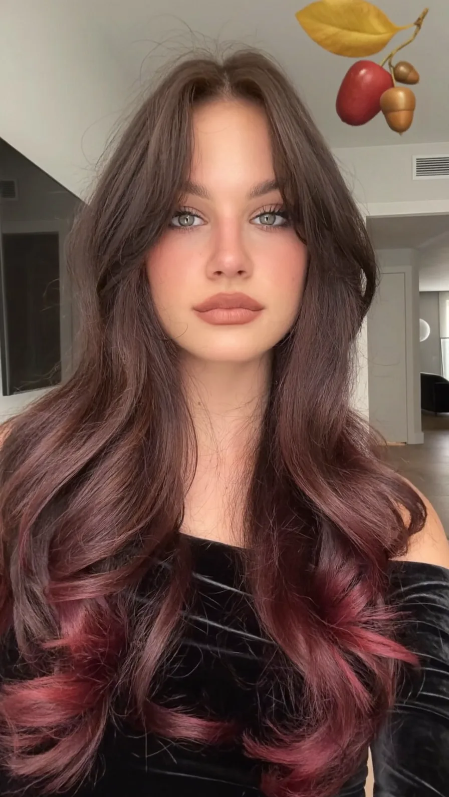 Voluminous Long Layers with Flowing Ombre and Curtain Bangs