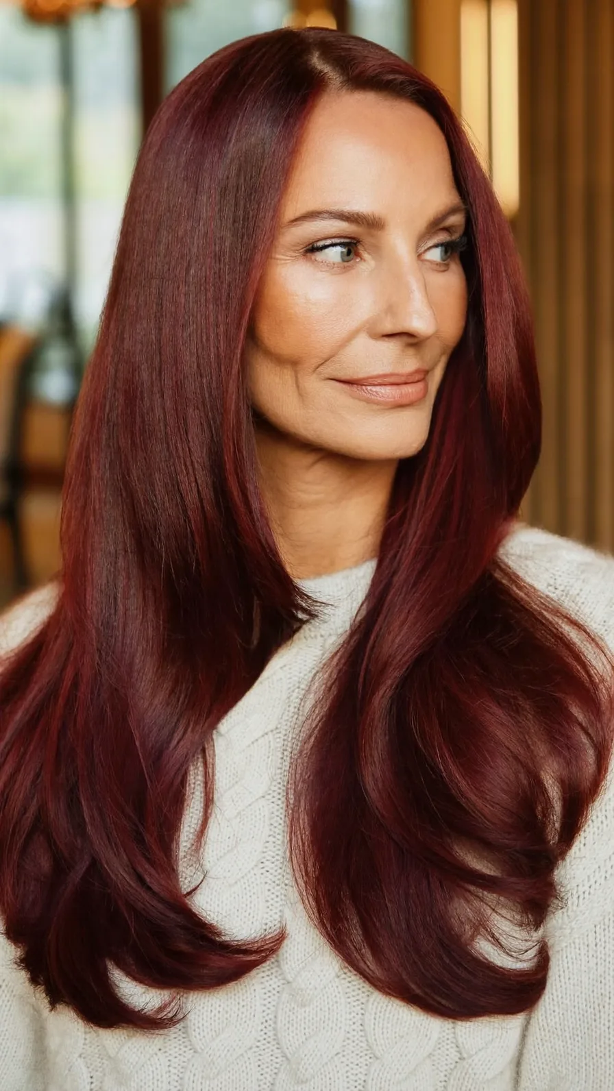 Elegant Long Layered Burgundy Hairstyle with Side Part