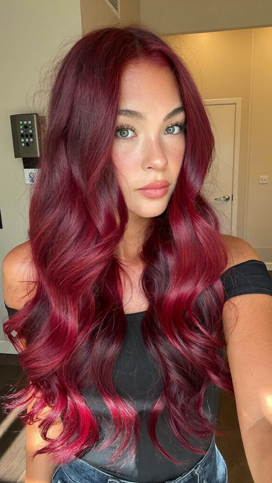 Voluminous Long Wavy Layers with Deep Burgundy Red Shine
