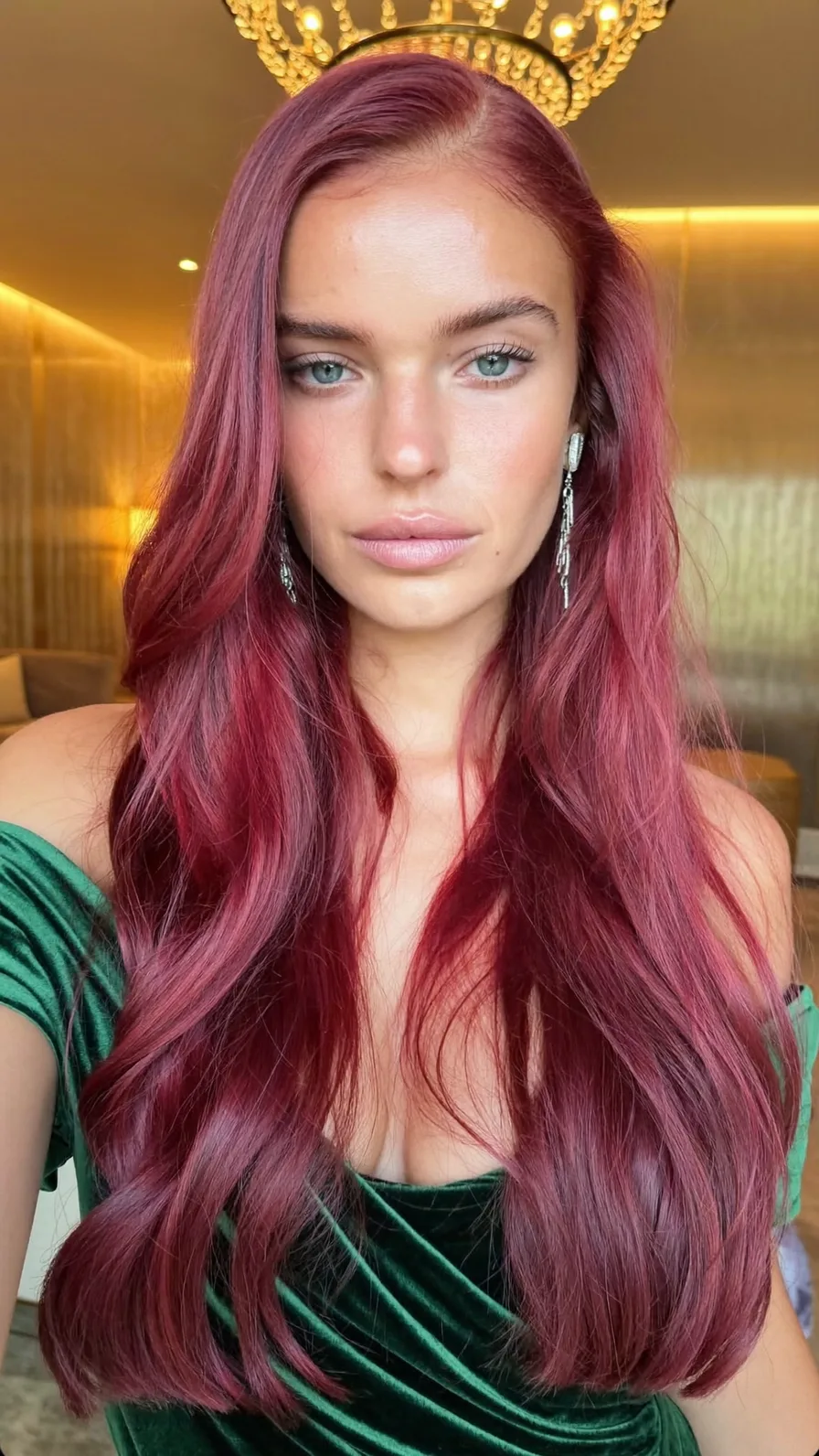 Luxurious Deep Burgundy Red Long Layers with Flowing Waves