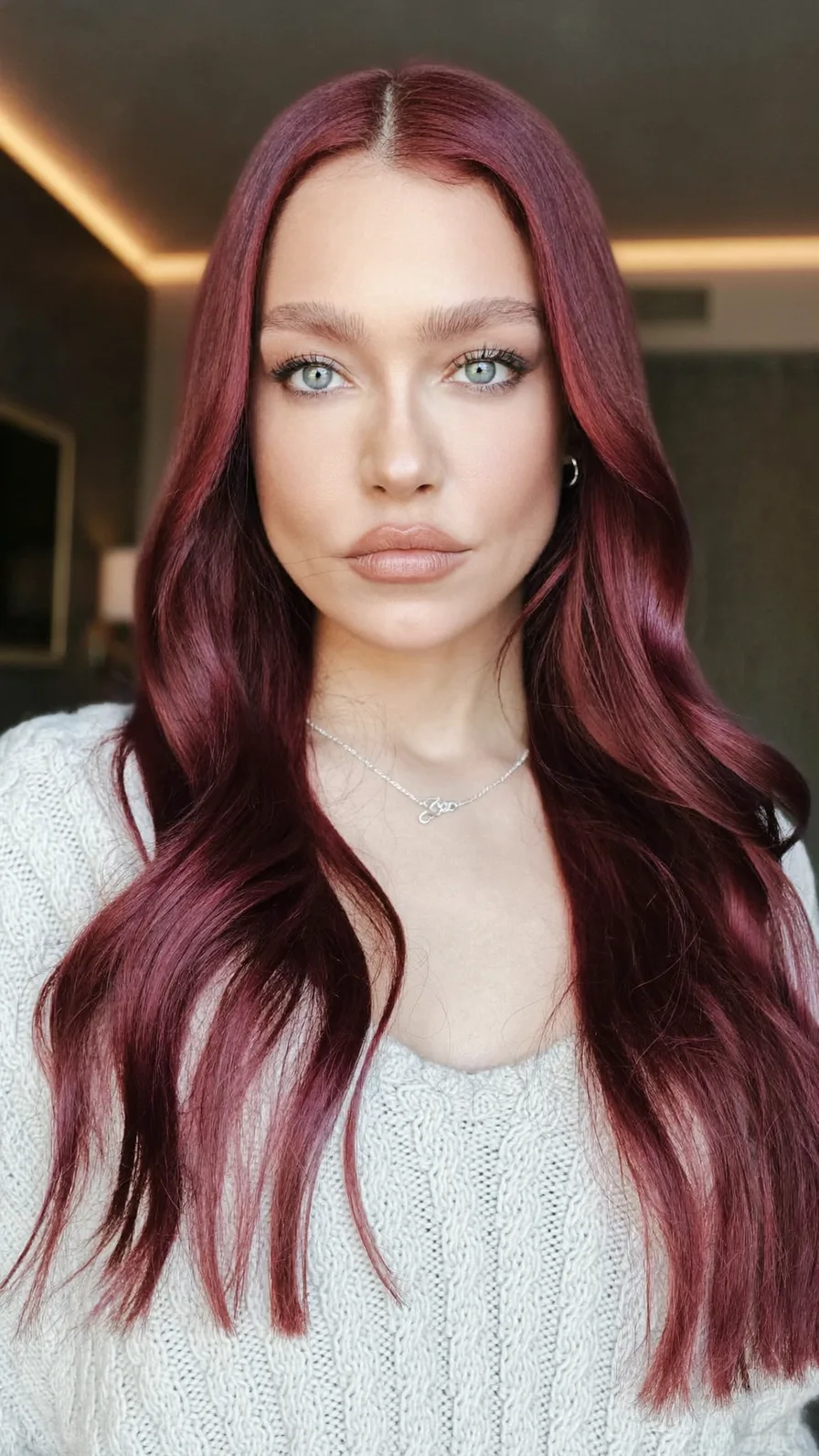 Long Flowing Burgundy Layers with Center Part