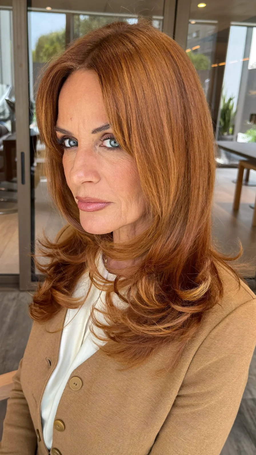 Elegant Warm Copper Long Layers with Flicked Ends