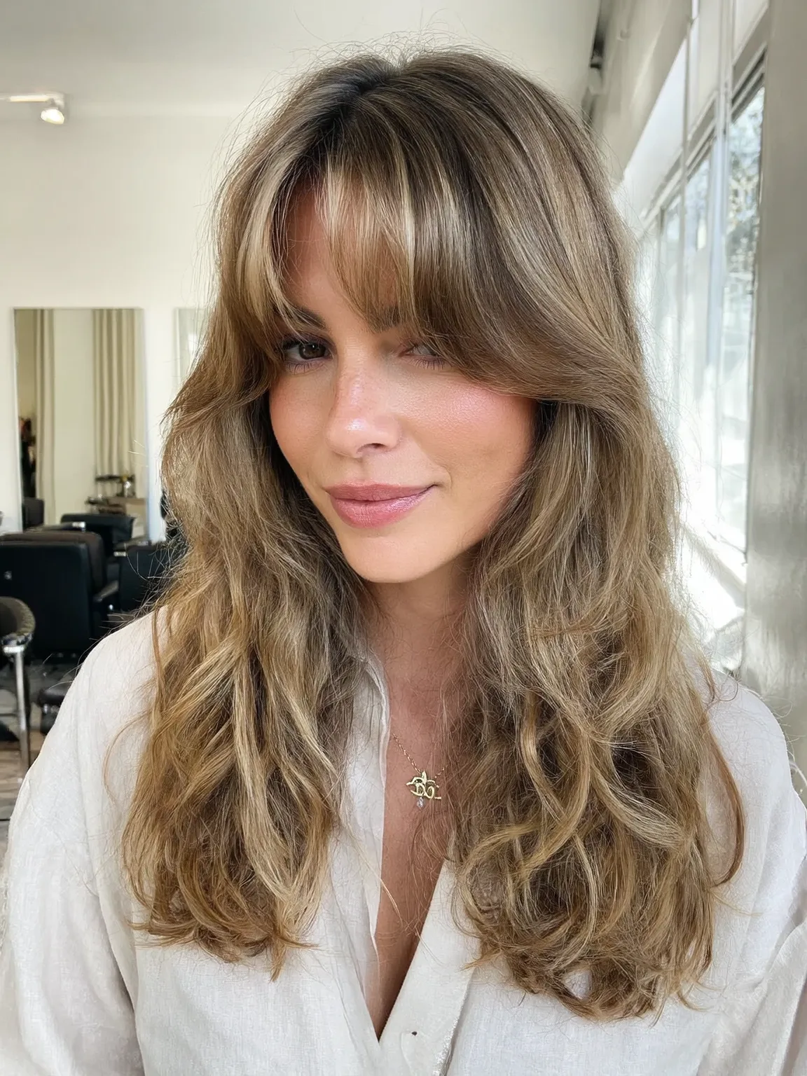 Voluminous Sandy Blonde Layers Framing Round Face