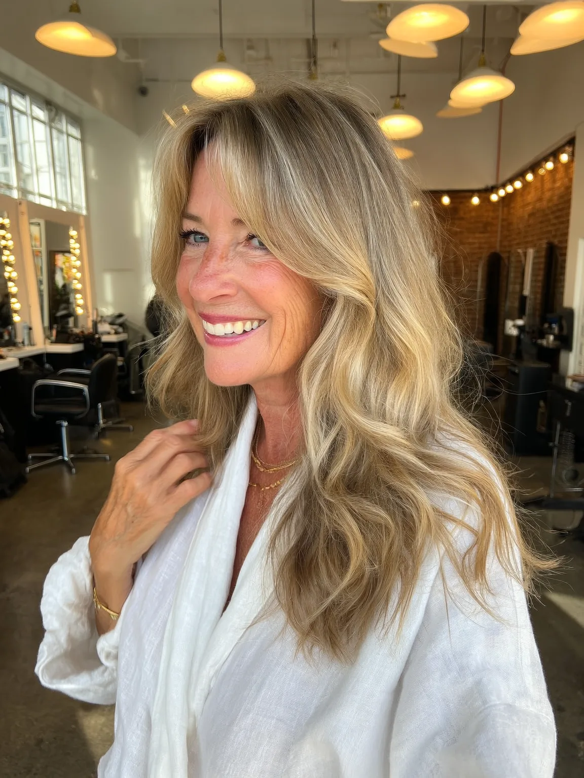 Golden Honey Blonde Wavy Layers with Curtain Bangs